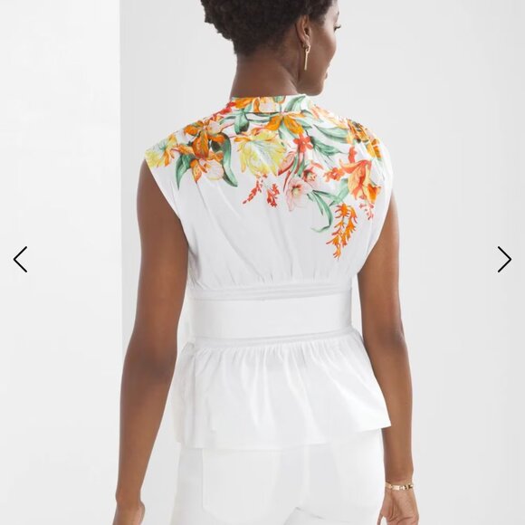 White House Black Market Short Sleeved Tie Waist Blouse S White Tiger Lily - Picture 2 of 12